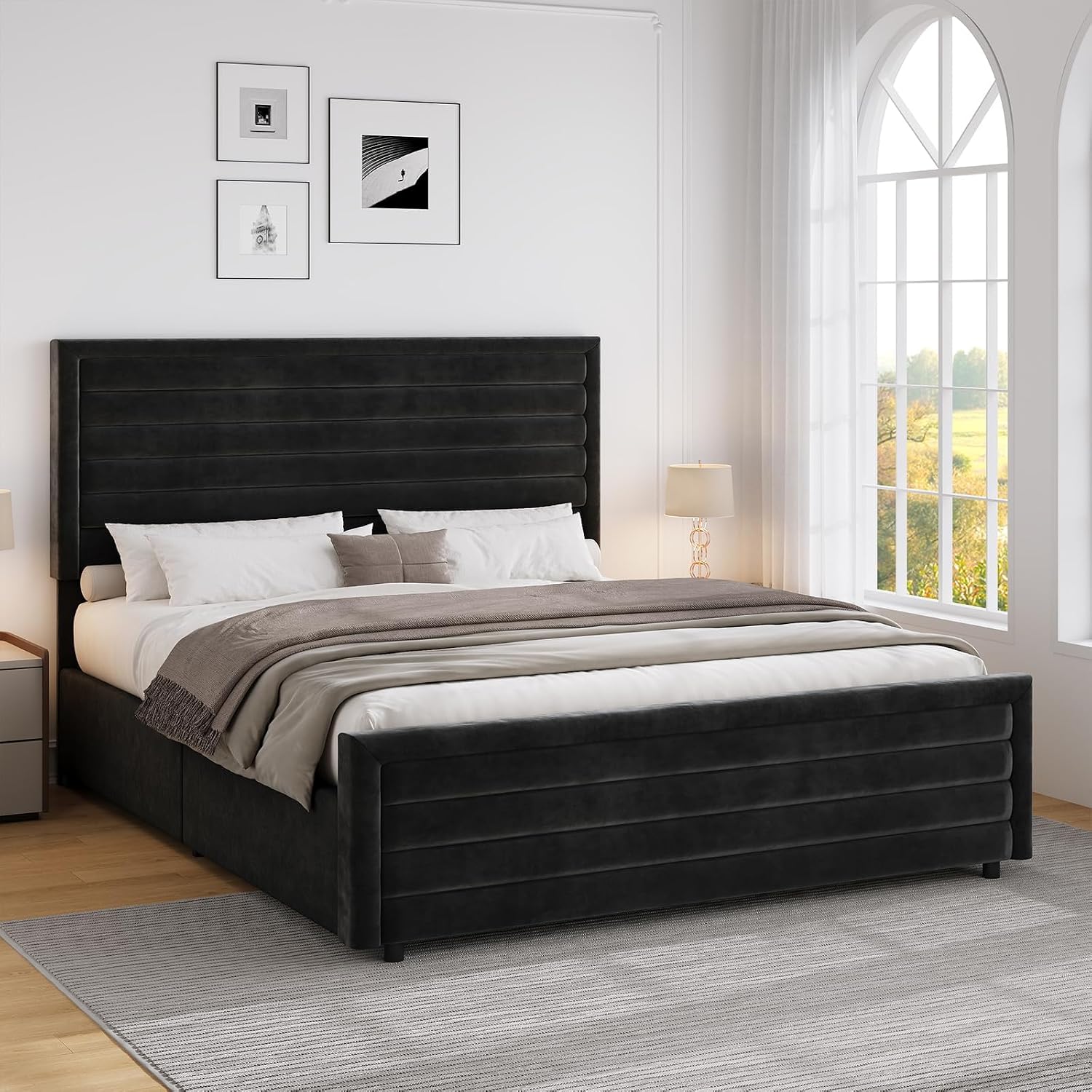 REVOMINCA Queen Bed Frame, Queen Platform Bed Frame with Velvet Upholstered Headboard, No Box Spring Needed, Easy Assembly, Black