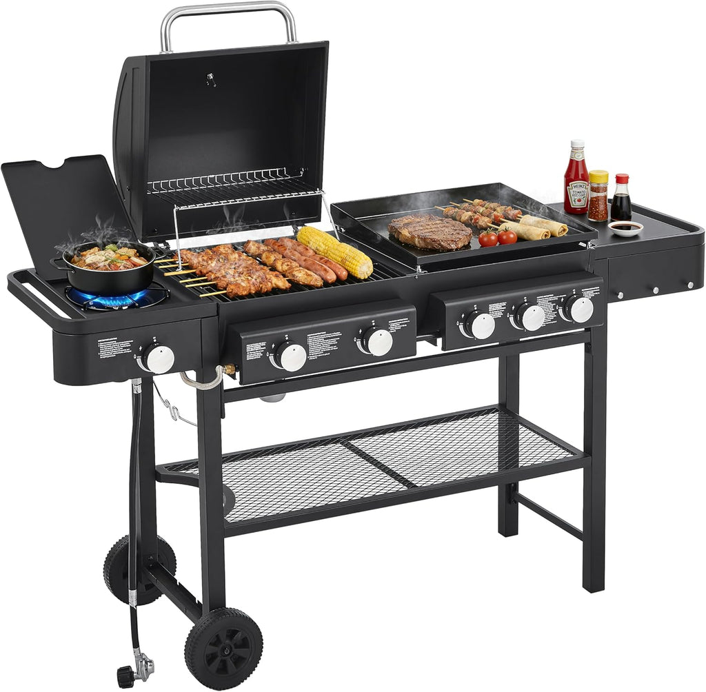 5-Burner Propane Gas Grills for Outdoor Cooking, 56000 BTU BBQ Portable Flat Top Grill Output Stainless Steel Barbecue Grill with Cabinet & Rolling Wheels and Side Tables (ALL IN ONE)