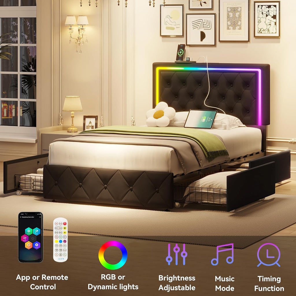 LED Twin Bed Frames with Headboard and Storage,Twin Size Bed Frames with 4 Storage Drawers and LED Lights,Velvet Upholstered Platform Twin Bed Frame with Charging Station,No Box Spring Needed,Black