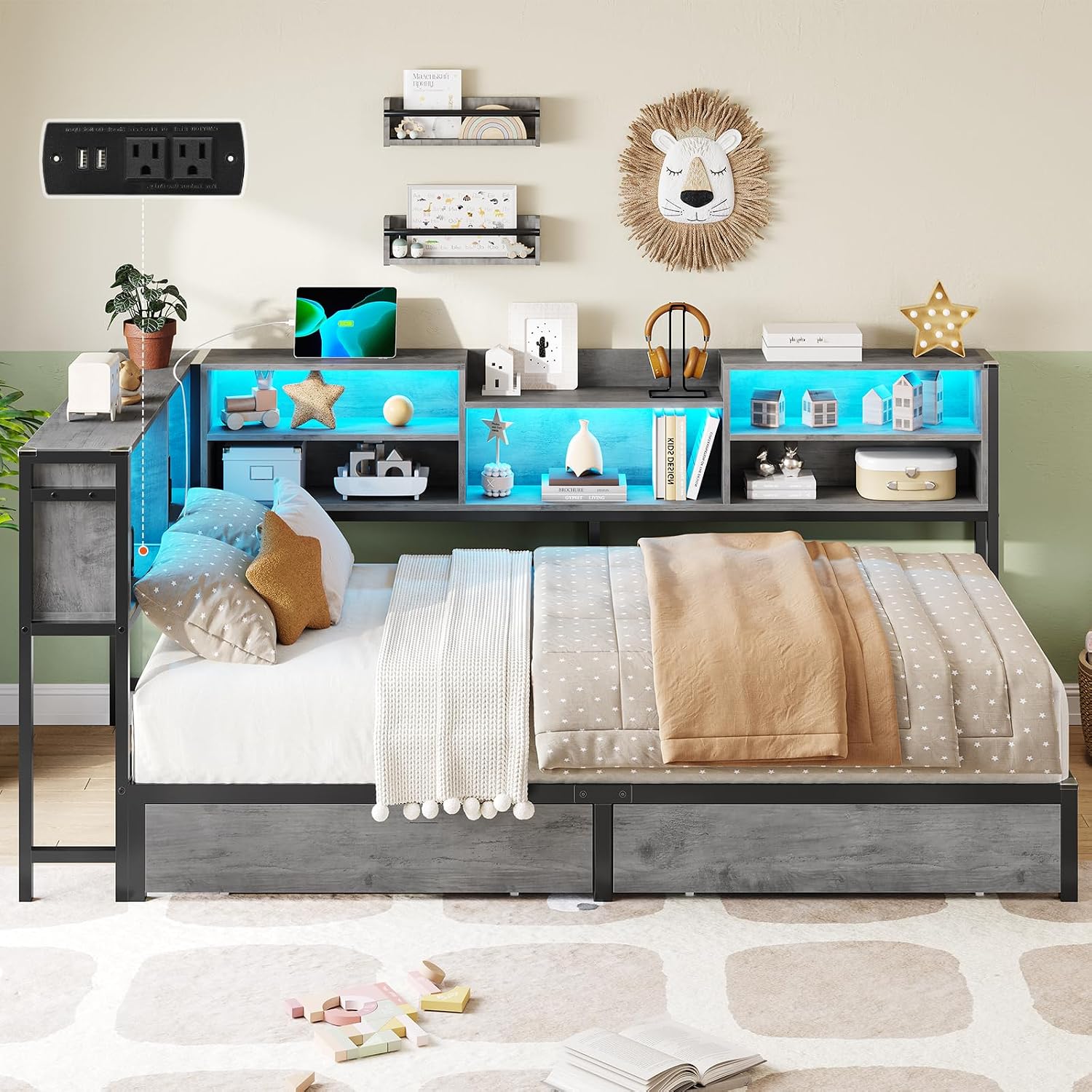 DICTAC Corner Bed Frame with Bookcase Storage and Led Lights Twin XL Metal Platform Beds with 2 Drawers and Charging Station Twin XL Daybed with Storage for Living Room,Bedroom & Guest Room,Oak Gray