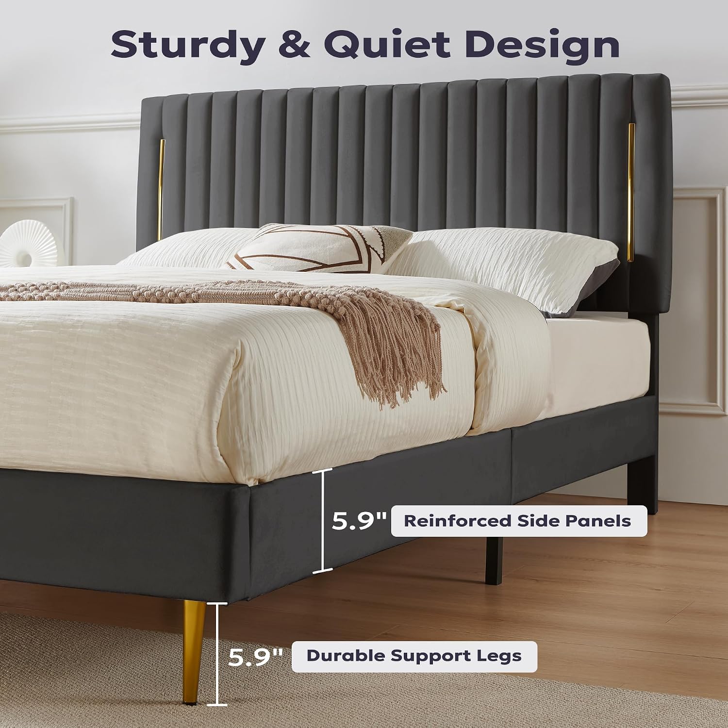 Furnify Queen Platform Bed Frame, Velvet Upholstered Bedframe with Vertical Channel Adjustable Headboard, Golden Plating Trim, Mattress Foundation with Wooden Slats, No Box Spring Needed, Grey