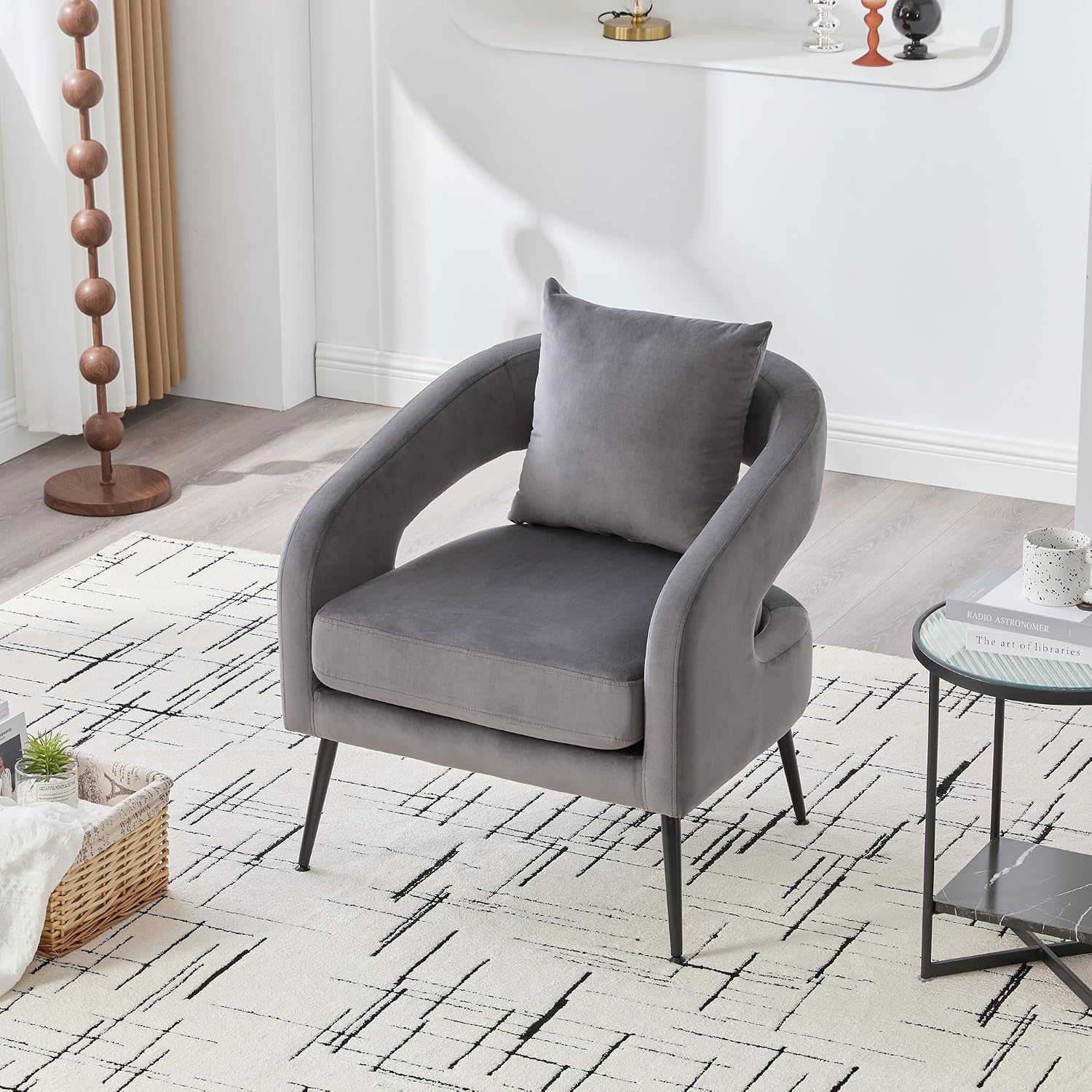 Modern Minimalist Style Open Back Accent Chair,Velvet Barrel Dining Chair with Metal Legs,Comfortable Upholstered Single Sofa for Living Room,Bedroom,Reception,Dining Room,Charcoal