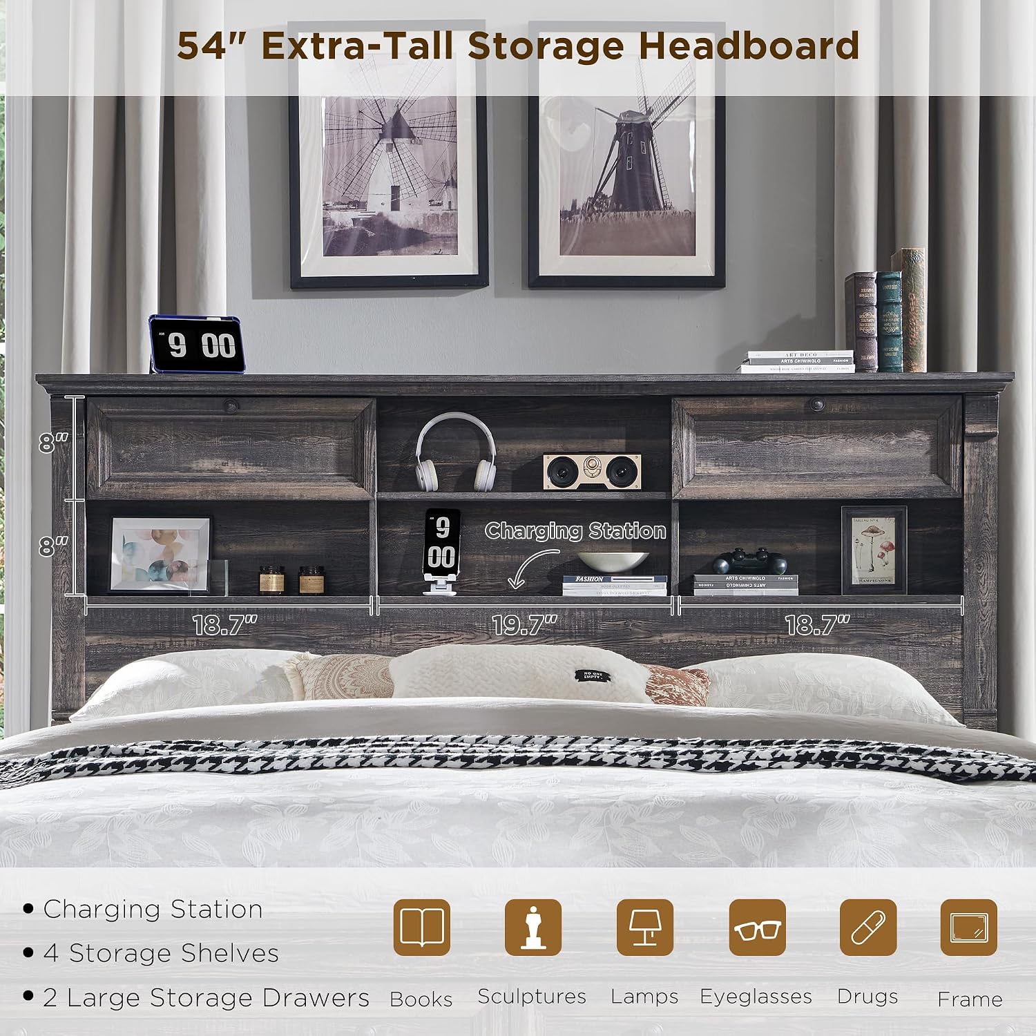 T4TREAM Farmhouse Queen Size Bed Frame with 54' Tall Storage Bookcase Headboard, Wood Platform Bed Frame with 18' Tall Roman Column Decoration Footboard & 2 Drawers(Dark Rustic Oak)
