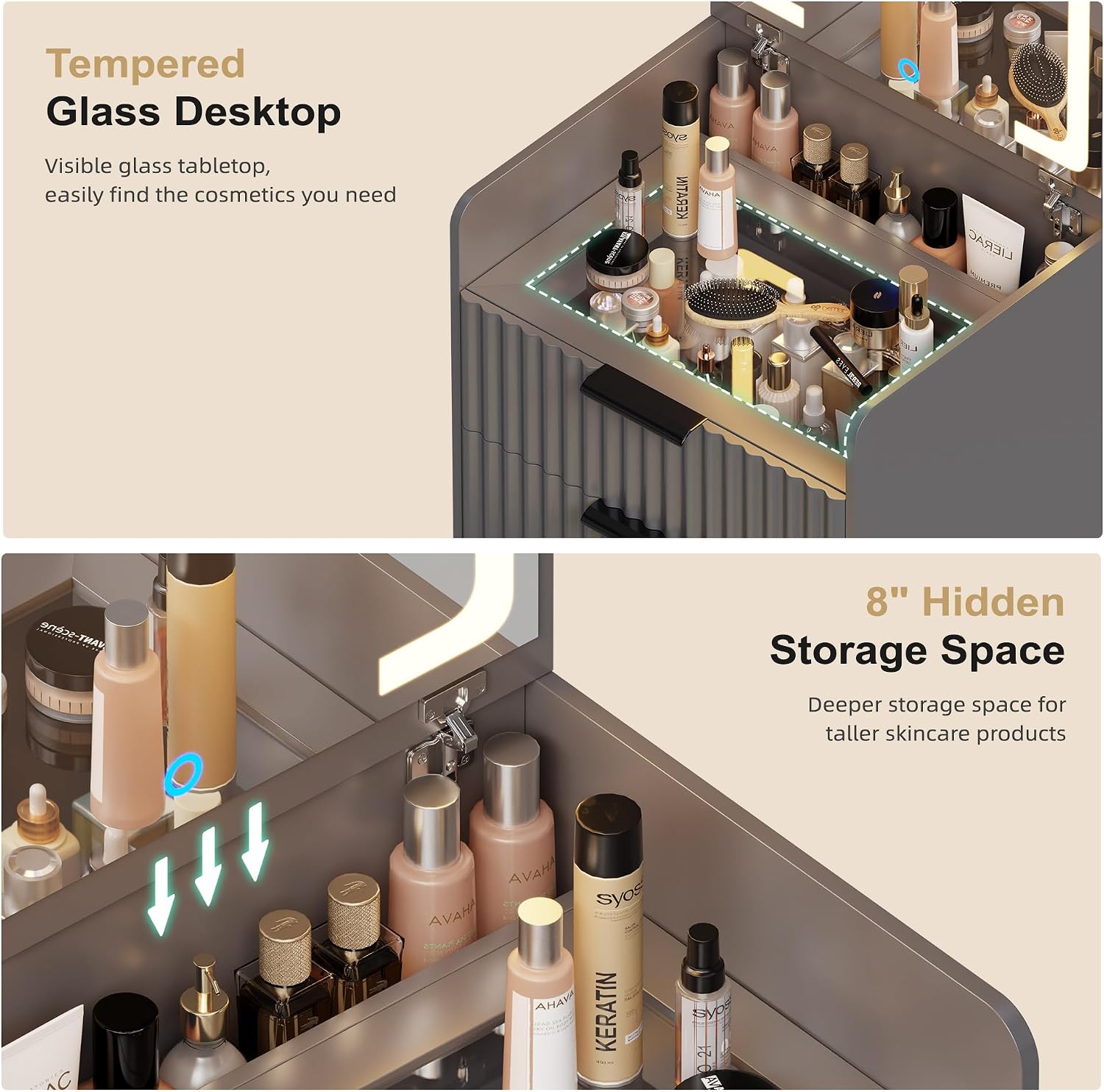 Lvifur 3 in 1 Small Vanity Desk with Plip Top Mirror,Makeup Vanity Set with Visible Glass Desktop,Compact Vanity with 3 Drawers,Storage Compartment and Padded Stool,Dressing Table for Bedroom,Grey