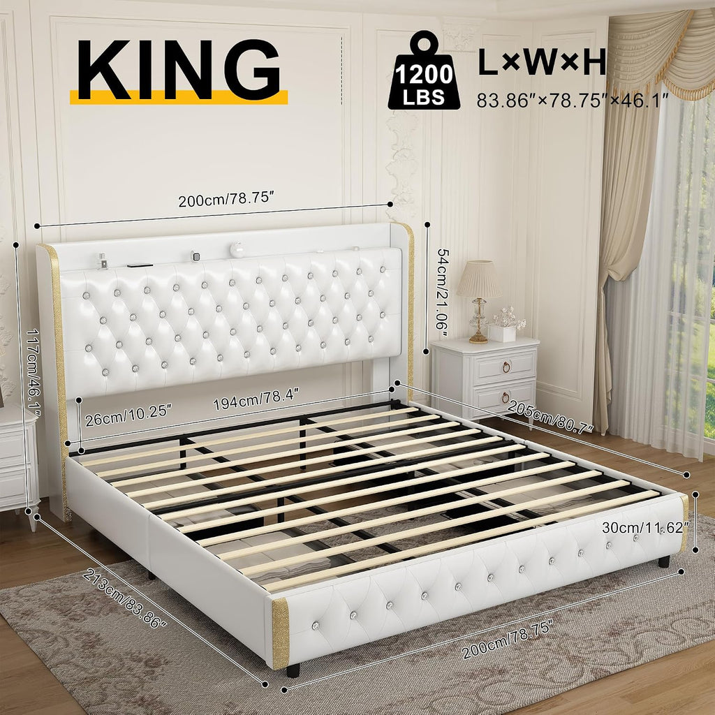 GEGOFORU King Bed Frame with LED Lights & Galaxy Projector, Modern Wingback Platform with 4 Storage Drawers, USB Ports, Noise-Free Solid Wood Slats, No Box Spring Needed, PU White