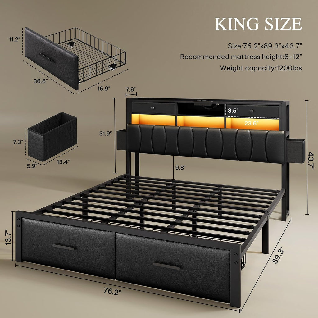 YITAHOME King Size with 2 Storage Drawers and Charging Station, Upholstered Bed with Storage Headboard and LED Light, Heavy Duty Metal Frame Support, No Box Spring Needed, Noise Free, PU Leather Black