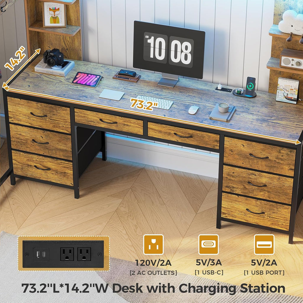 ADORNEVE Full Size Loft Bed with Desk and 8 Storage Drawers, Metal Loft Beds Full with LED Lights & Charging Sation, Heavy Duty Loft Bed Frame with 6 Storage Shelves, Space-Saving, Rustic Brown