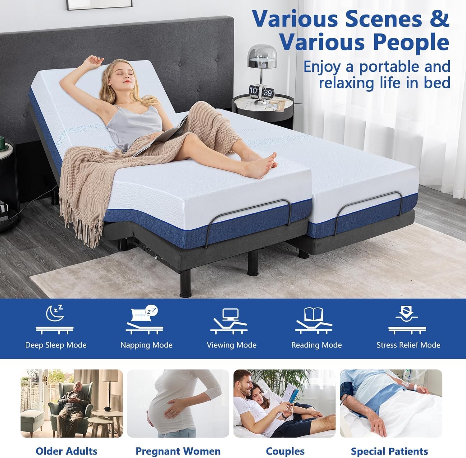 Queen Size Adjustable Bed Frame with Mattress,14 Inch Blue Gel Memory Foam Medium-Firm Mattress in Box, Adjustable with Adjustable leg height,Sturdy Metal,0 Gravity/Anti-Snore,Smart Electric Bed Frame