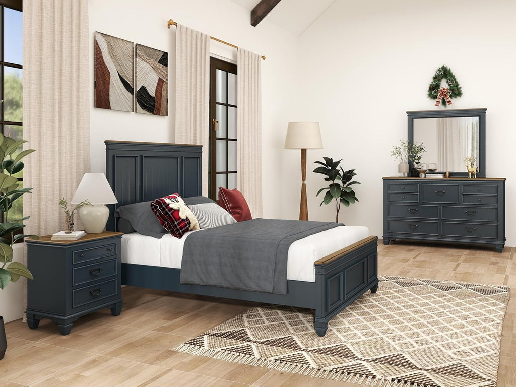Roundhill Furniture Riverton Wood Bedroom Set with Shiplap Panel Queen Bed, Dresser, Mirror, and Two Nightstands in Slate Blue