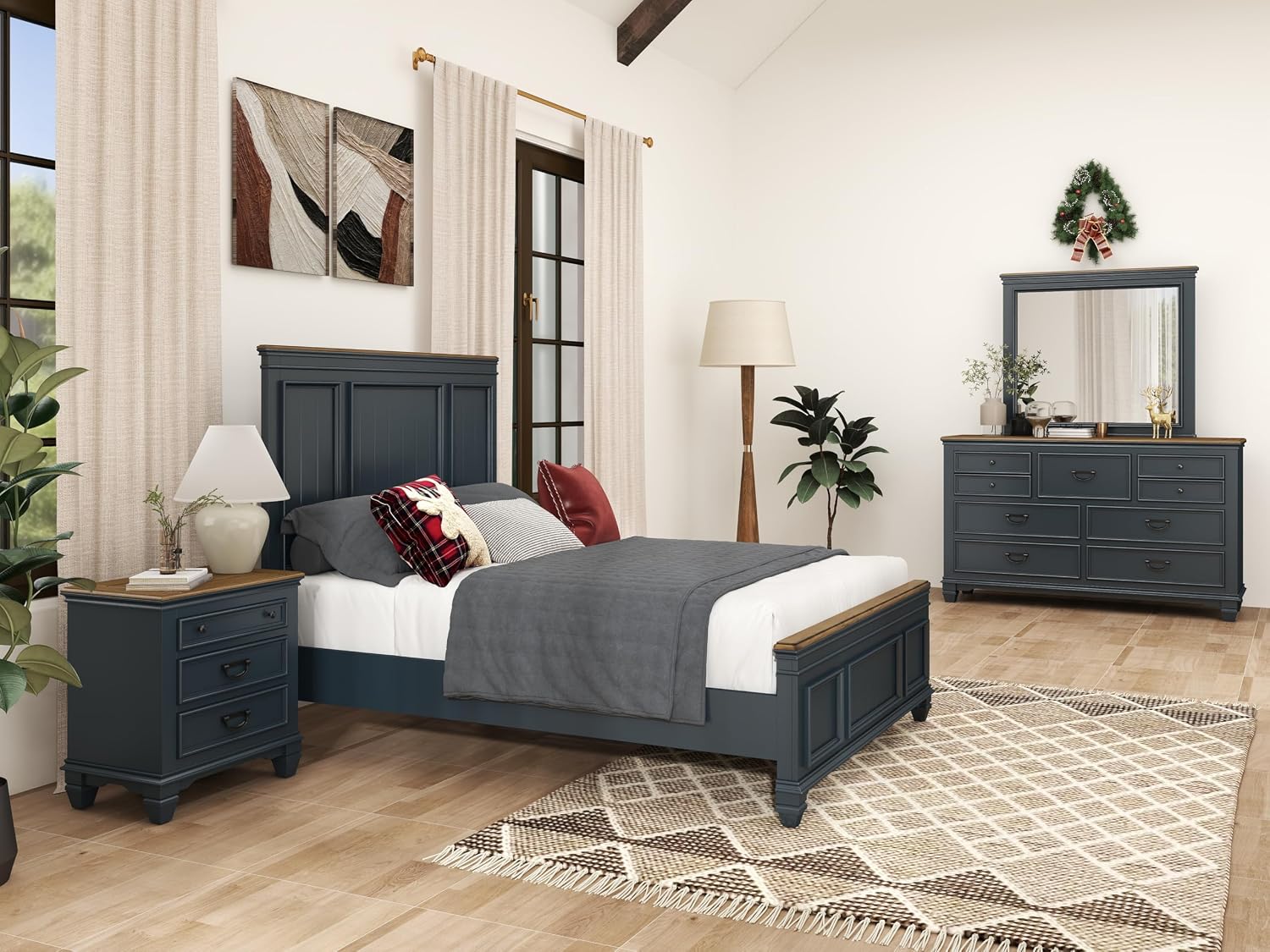 Roundhill Furniture Riverton Wood Bedroom Set with Shiplap Panel Queen Bed, Dresser, Mirror, and Two Nightstands in Slate Blue