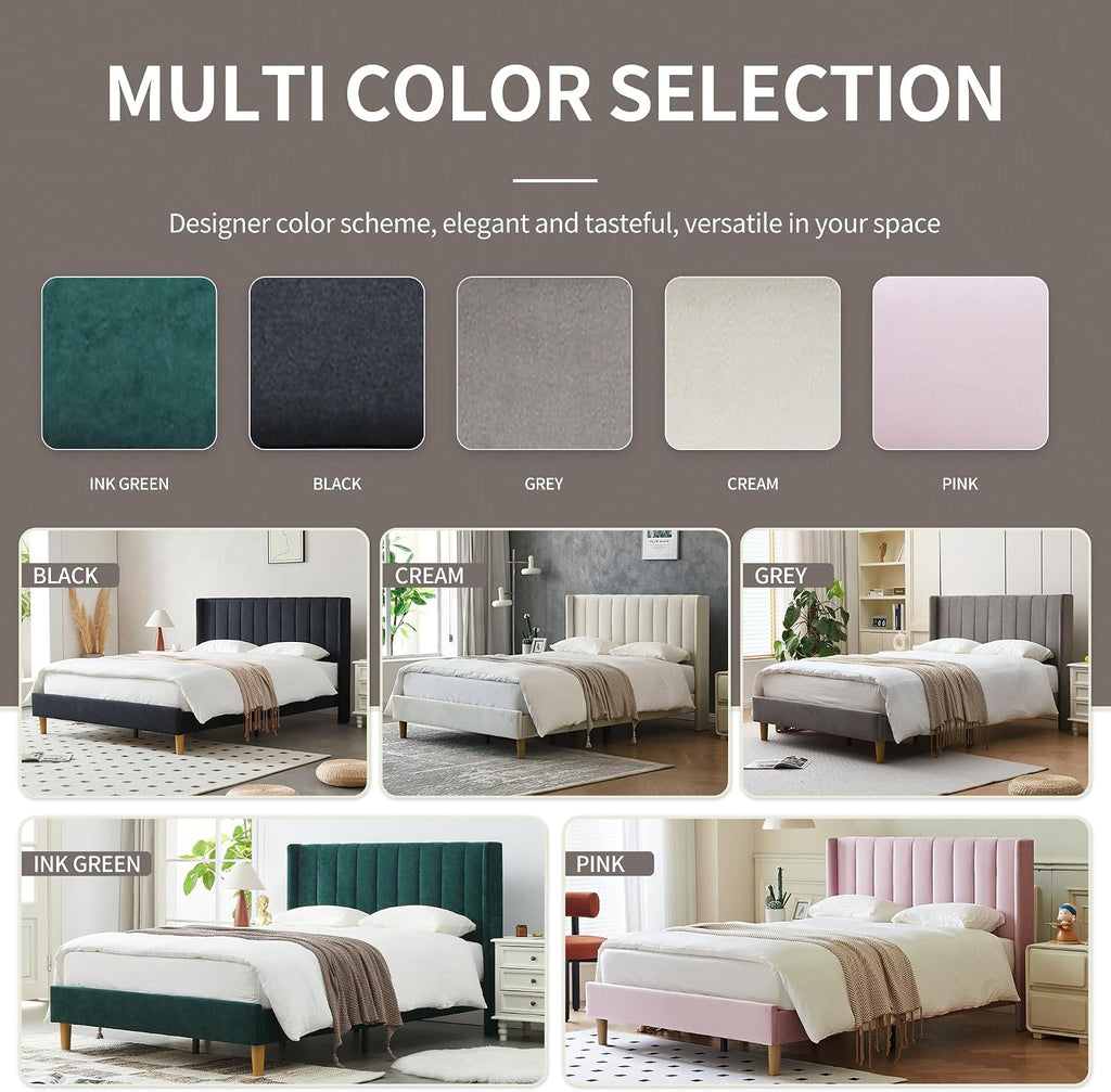 YUHUASHI upholstered Platform Bed Frame/Queen Bed Frame/Modern Geometric Double-Wing Design headboard/Velvet Fabric/Easy to Assemble no Noise (Cream, Queen (U.S. Standard))