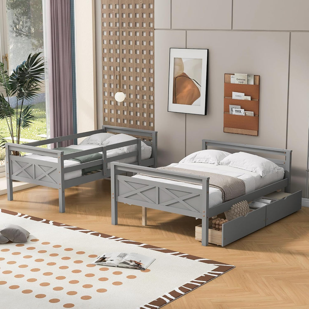 Merax Twin Over Full Bunk Bed with 2 Storage Drawers,Solid Wood Bunk Bed with Ladder and Safety Guardrail for Bedroom Kids Adults,Can be Separated into 2 Platform Beds,Gray