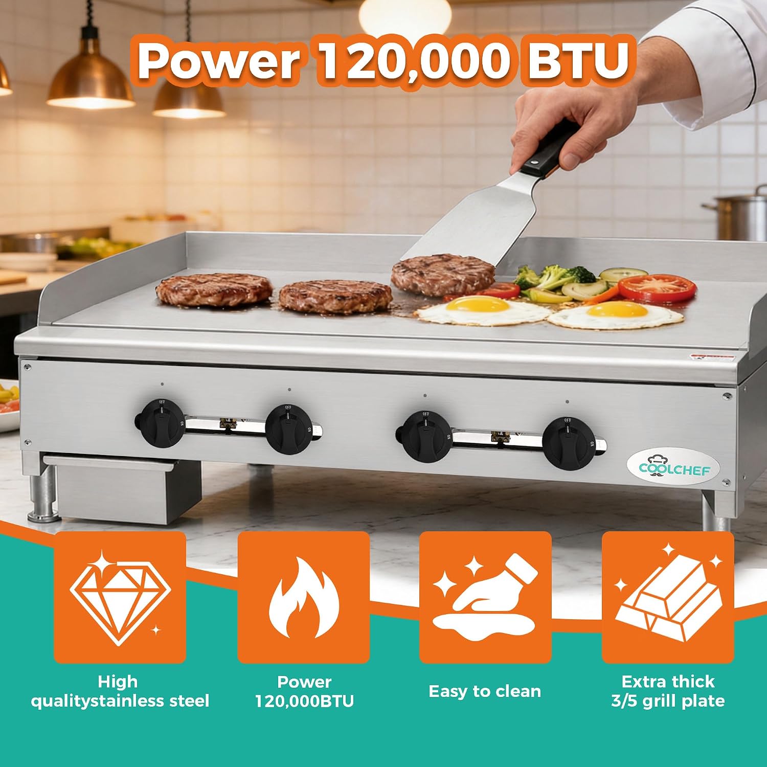 48' Commercial Natural Gas Griddle, Manual Controls, 4 Burners, Heavy Duty Stainless Steel Flat Top Countertop Restaurant Griddle Grill for Restaurant, 120,000 BTU