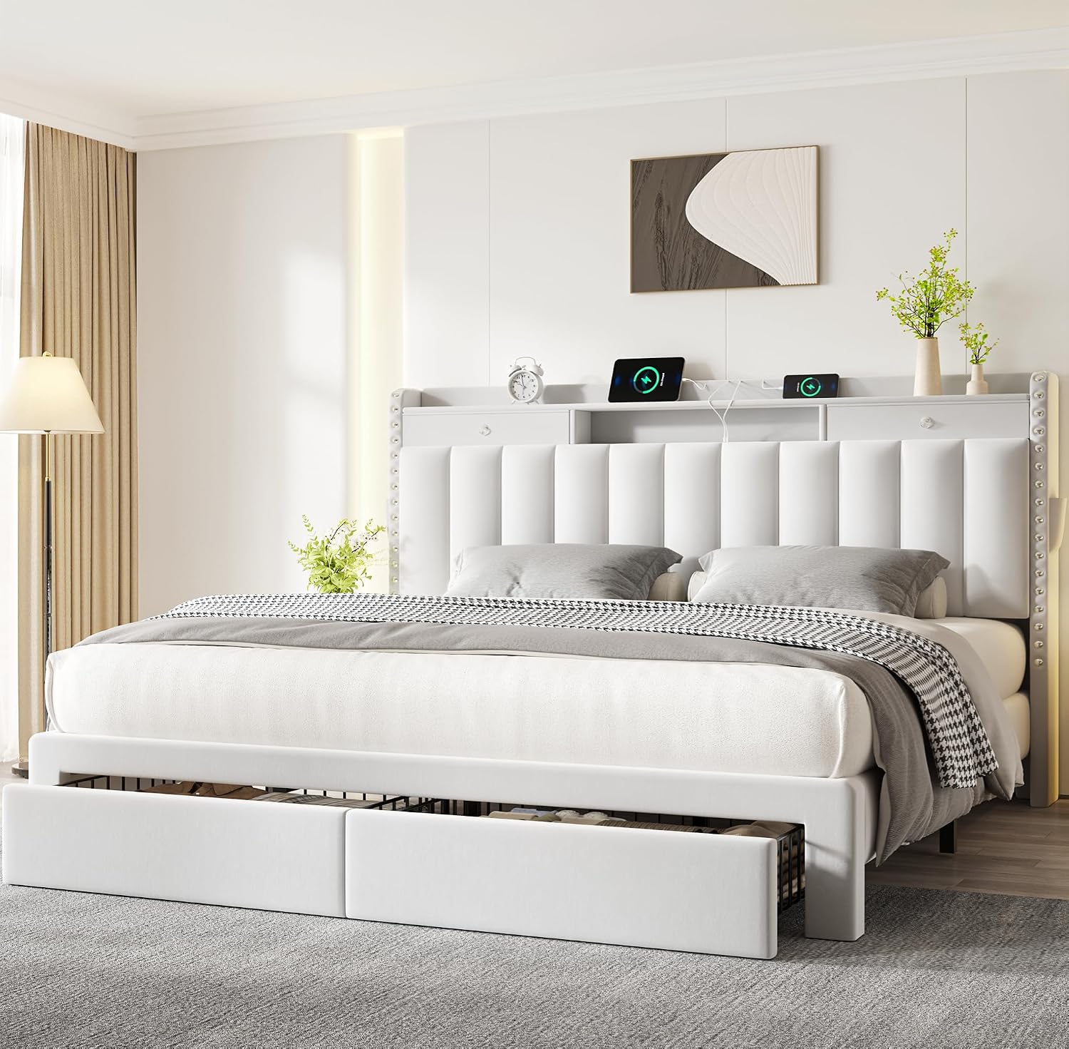 CypBed Queen Bed Frame with Headboard ＆ 4 Storage Drawers,Velvet Upholstered Platform Bed Frame Queen Size with 3 USB & Type-C Charging Ports,Solid Wood Slats,No Box Spring Needed, No-Noise,White,Gift