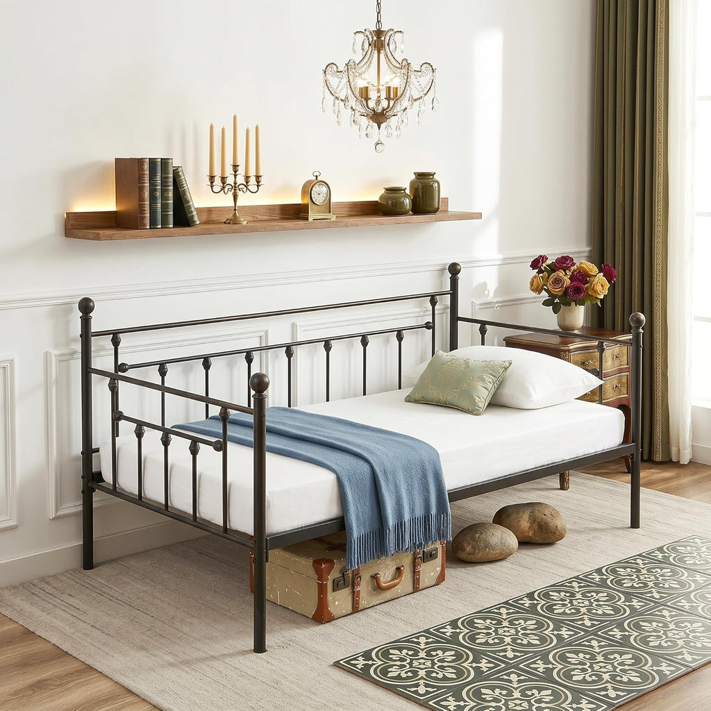VECELO Daybed Frame, Twin Size Metal Platform Bed with Headboard,Heavy Duty Steel Slats Support for Living Room Bedroom Guest Room, Easy Assembly
