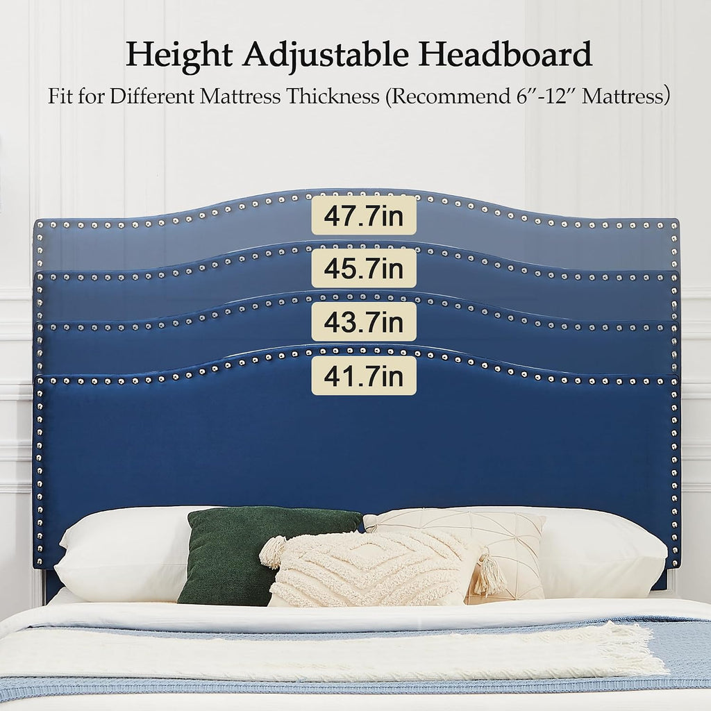 VECELO Queen Bed Frame, Platform Bed Frame with Adjustable Height Upholstered Headboard, Heavy-Duty Frames and Strong Wooden Slats Support, Non-Slip and Noise-Free, Easy Assembly, Dark Blue