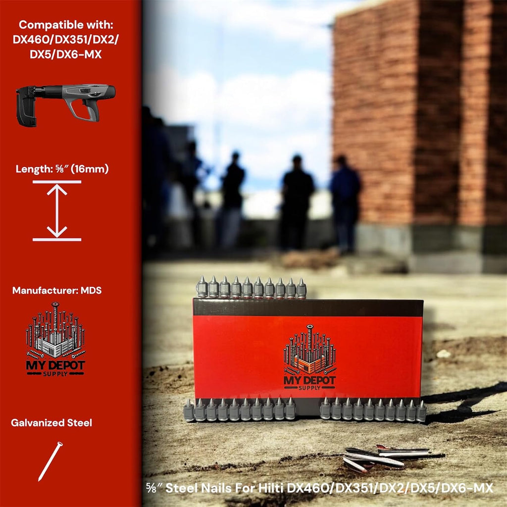 ⅝″ Steel/Concrete Nails Compatible With Hilti DX460/DX351/DX2/DX5/DX6-MX - 500 Count Flat Head Shoot-Drive Nails with Galvanized coat- Heavy-Duty Construction for Steel & Industrial Projects