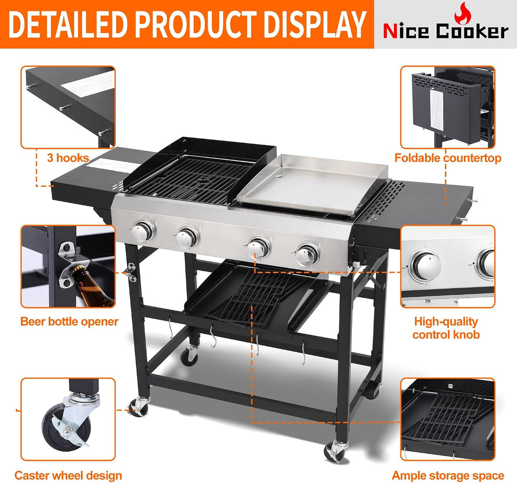 4 Burner Propane Gas Grill and Griddle Combo with Foldable Side Table, 470 sq in Cast Iron Grate & 248 sq in Flat Top, 38,200 BTU Outdoor BBQ Grill for Outdoor, BBQ, Camping