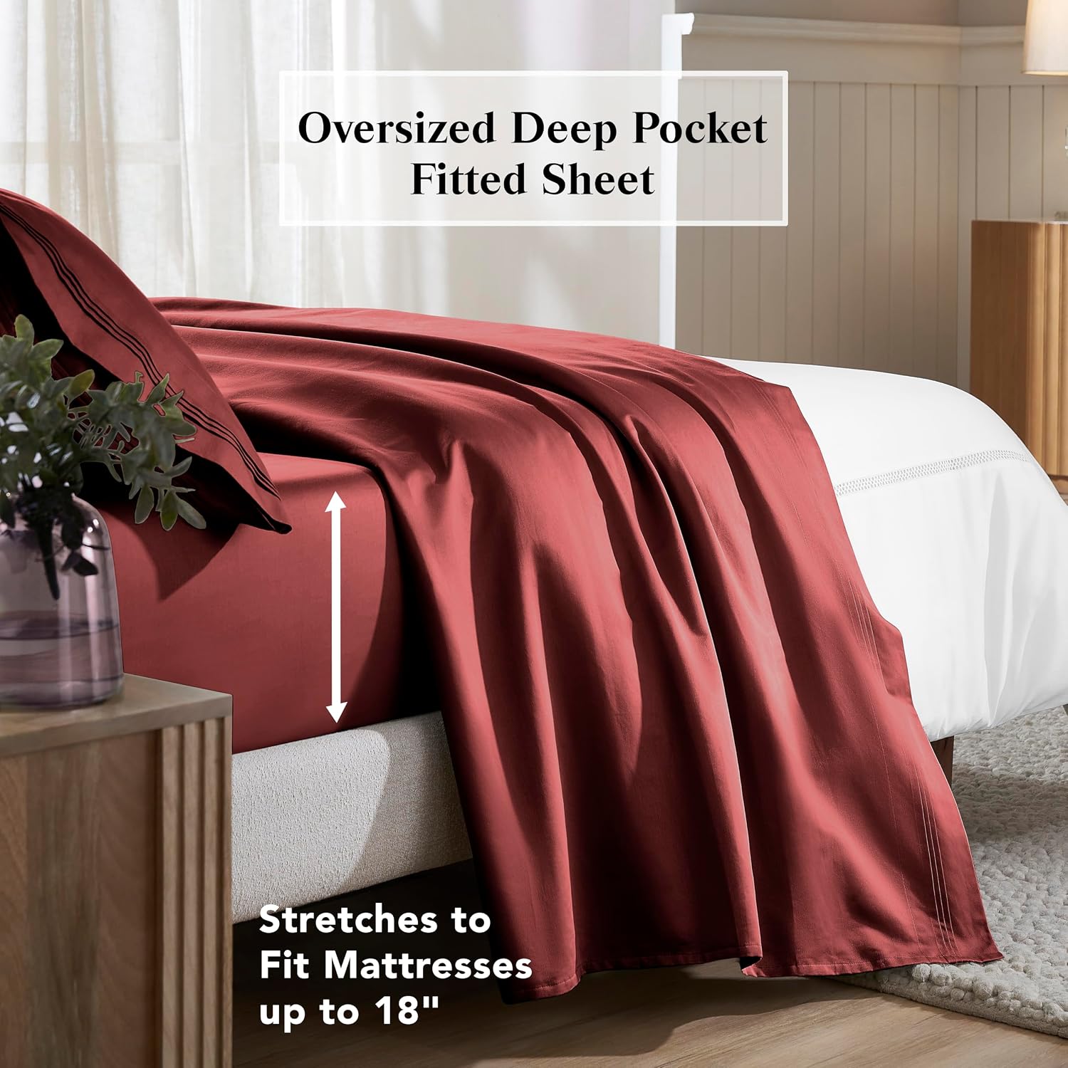 Superior Egyptian Cotton 4 Piece Sheet Set, 650 Thread Count, Modern Design, Sustainable Sheets, Ultra-Soft Basics, Solid, Deep Pocket Fitted Sheet, Flat Sheet, Pillowcases, King, Burgundy
