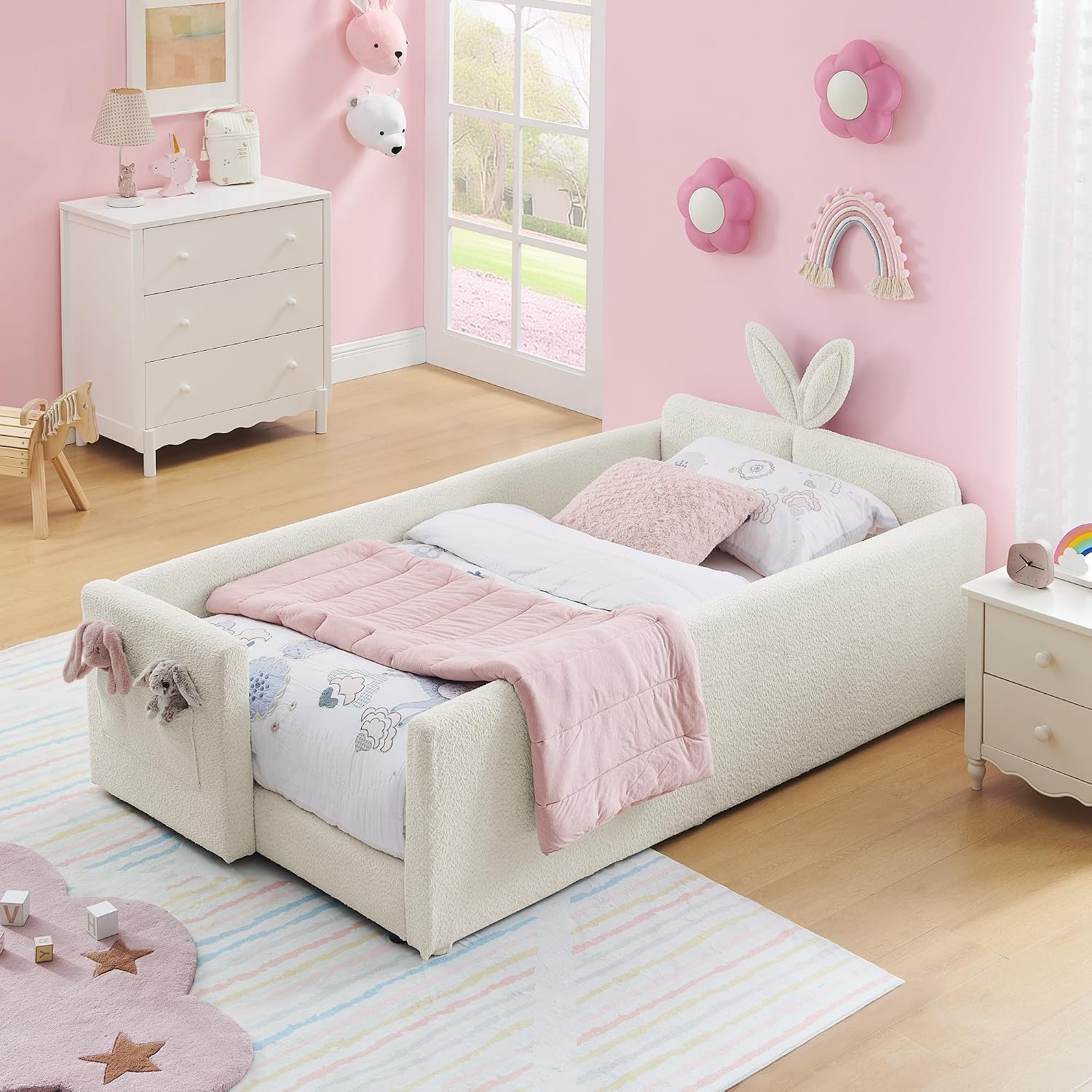 VilroCaz Twin Size Upholstered Platform Bed with Safety Guardrail and Cute Rabbit Ear Shaped Headboard, Boucle Fabric Montessori Kids Bed with Pocket and Sturdy Slats Support (Beige-7.24)