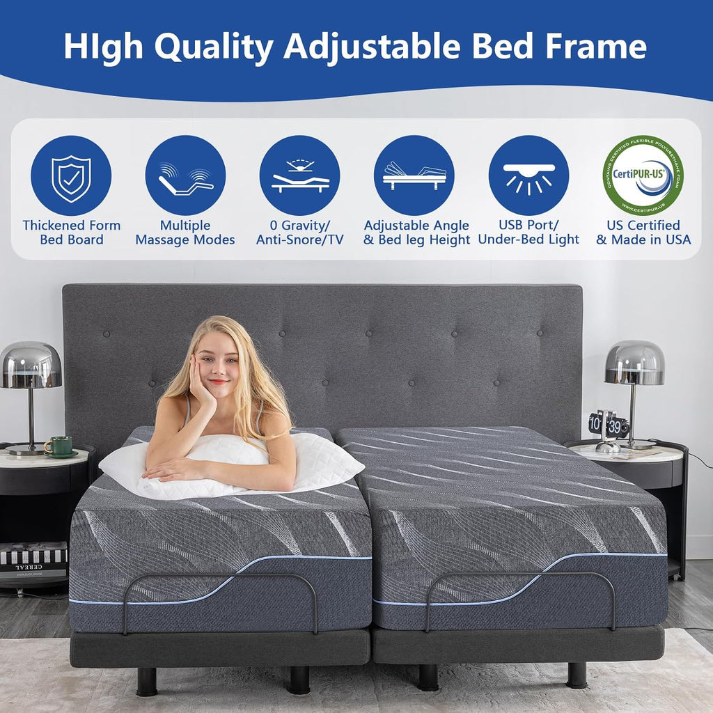 Twin XL Adjustable Bed Frame with Massage,12 Inch Cooling Gel Memory Foam Medium Firm Mattress in Box, Voice control, Head /Foot Incline, Adjustable legs, Anti-Snore/0 Gravity, Thickened Foam Frame