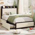 GAOMON Twin Size Bed Frame with 2 Storage Drawers and Charging Station, Rustic Velvet Upholstered Platform Bedframe with Storage Headboard, No Box Spring Needed, Easy Assembly, Noise Free, Beige