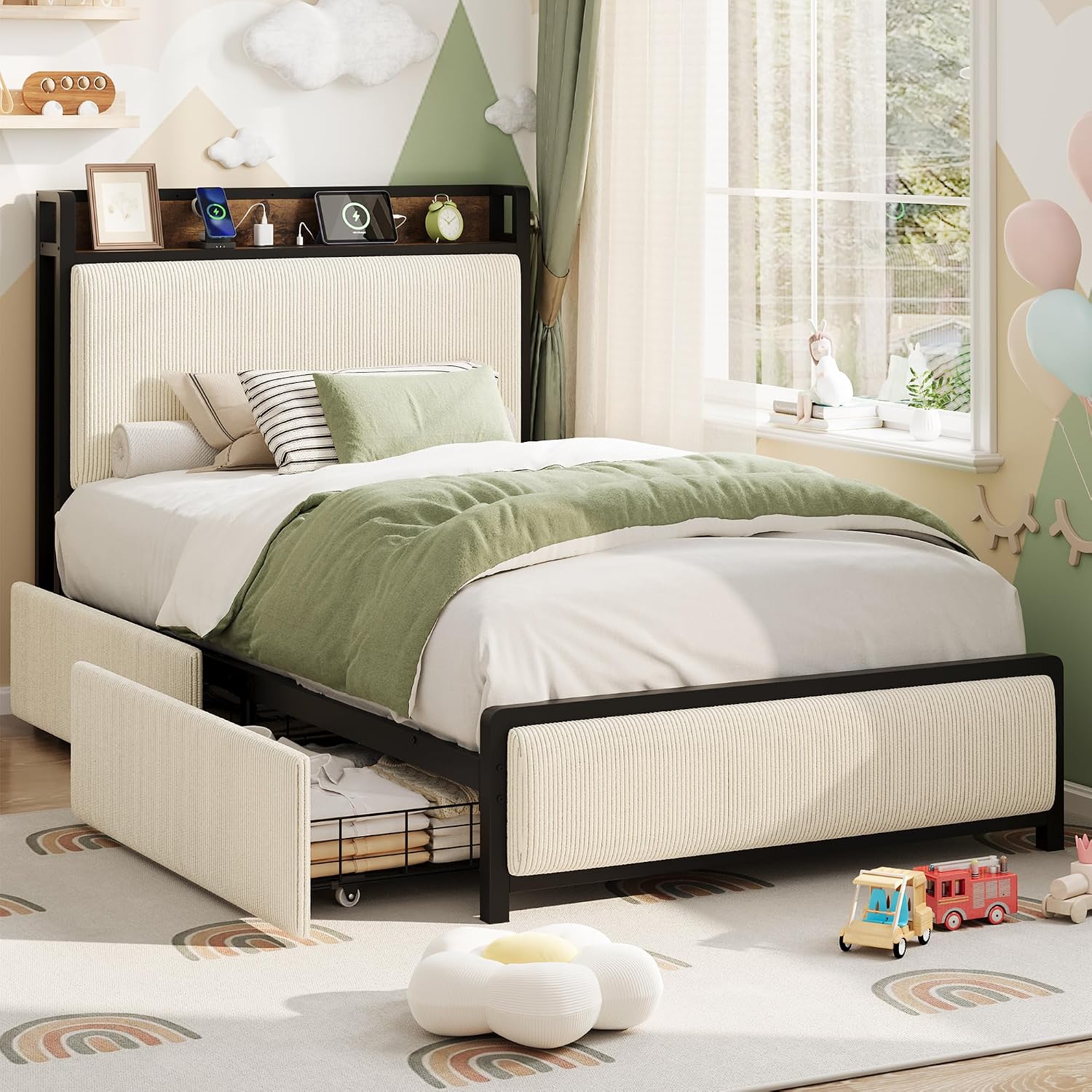 GAOMON Twin Size Bed Frame with 2 Storage Drawers and Charging Station, Rustic Velvet Upholstered Platform Bedframe with Storage Headboard, No Box Spring Needed, Easy Assembly, Noise Free, Beige