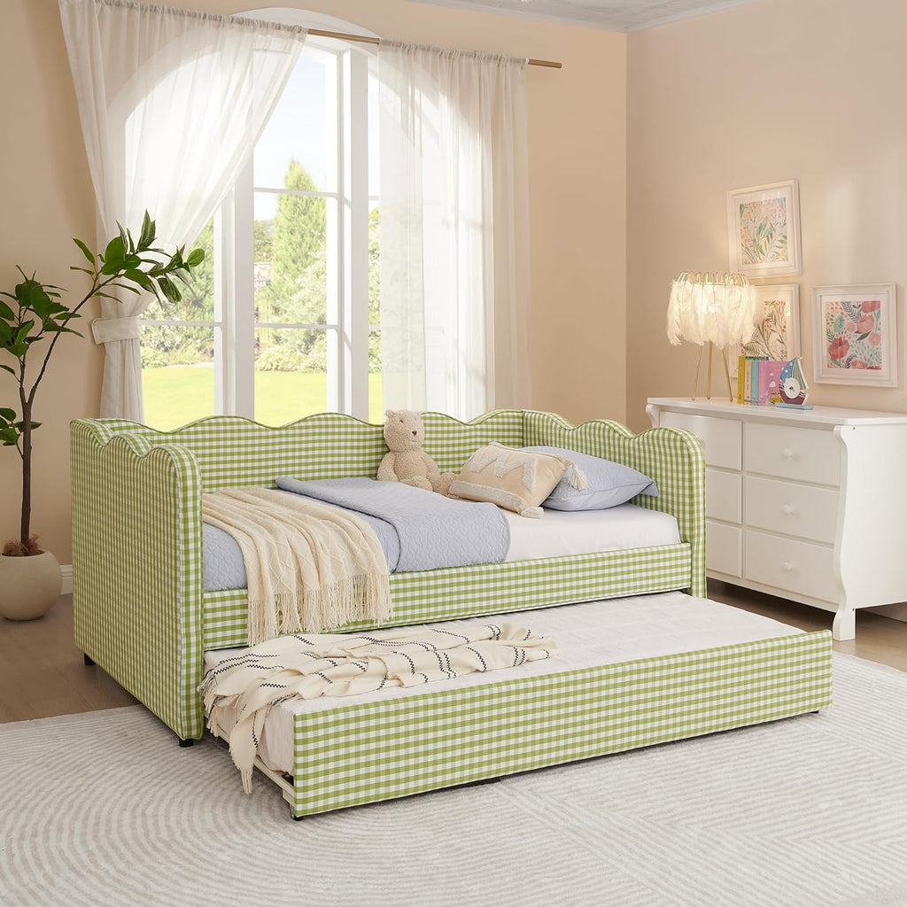 DEINPPA Twin Size Upholstered Daybed with Trundle, Gingham Daybed with USB Ports for Bedroom Living Room Guest Room-Green