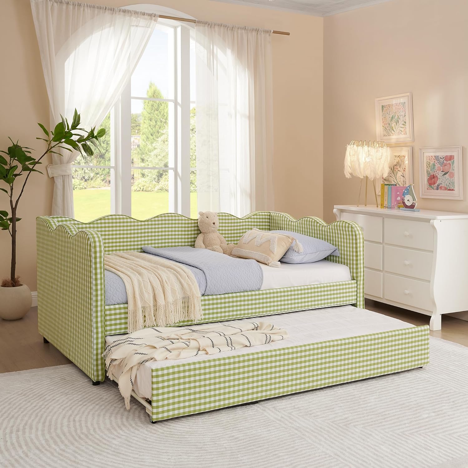 DEINPPA Twin Size Upholstered Daybed with Trundle, Gingham Daybed with USB Ports for Bedroom Living Room Guest Room-Green