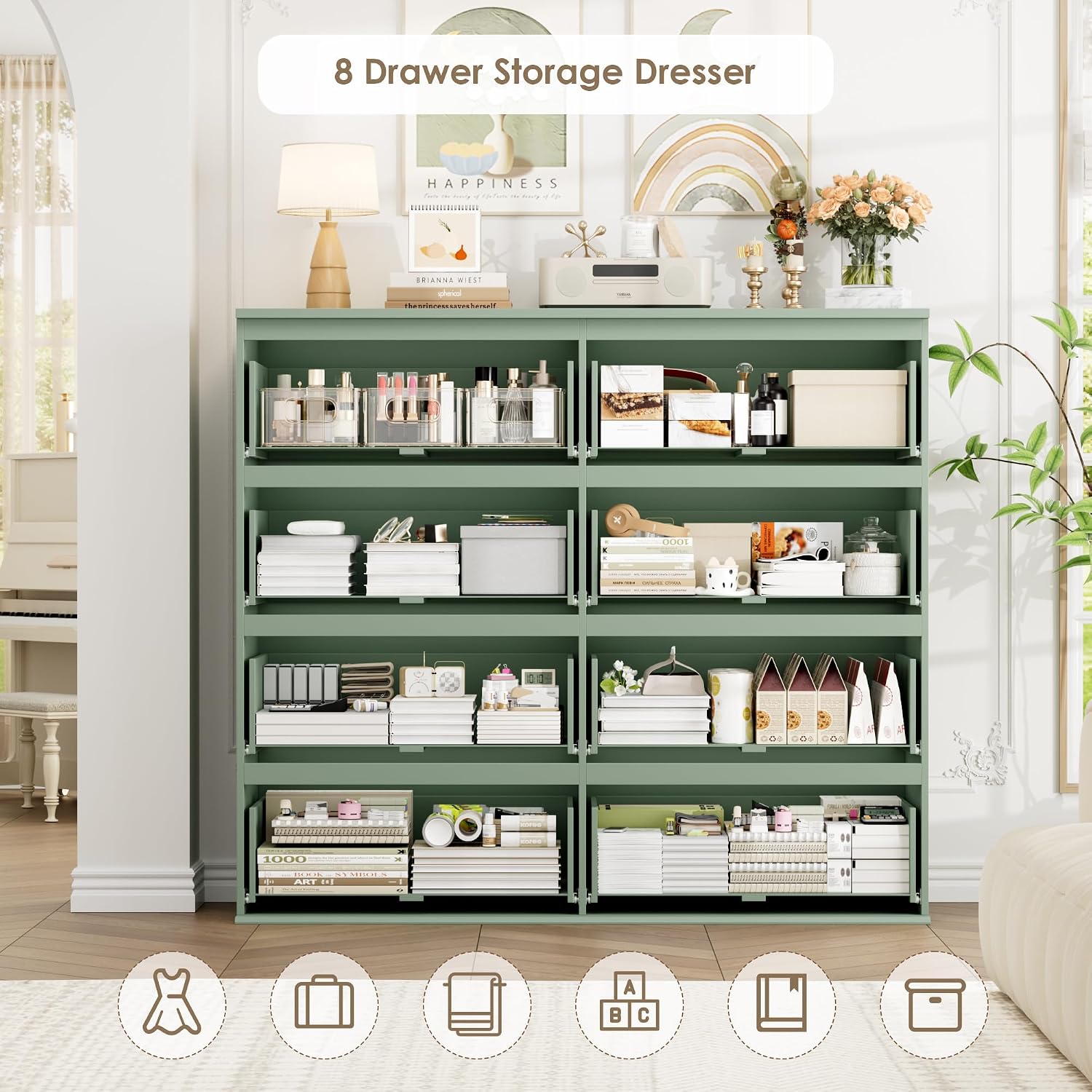 FINETONES Dresser for Bedroom, 8 Drawer Dresser Double Chest of Drawers, Modern Wood Dressers with Deep Drawers for Living Room, Green