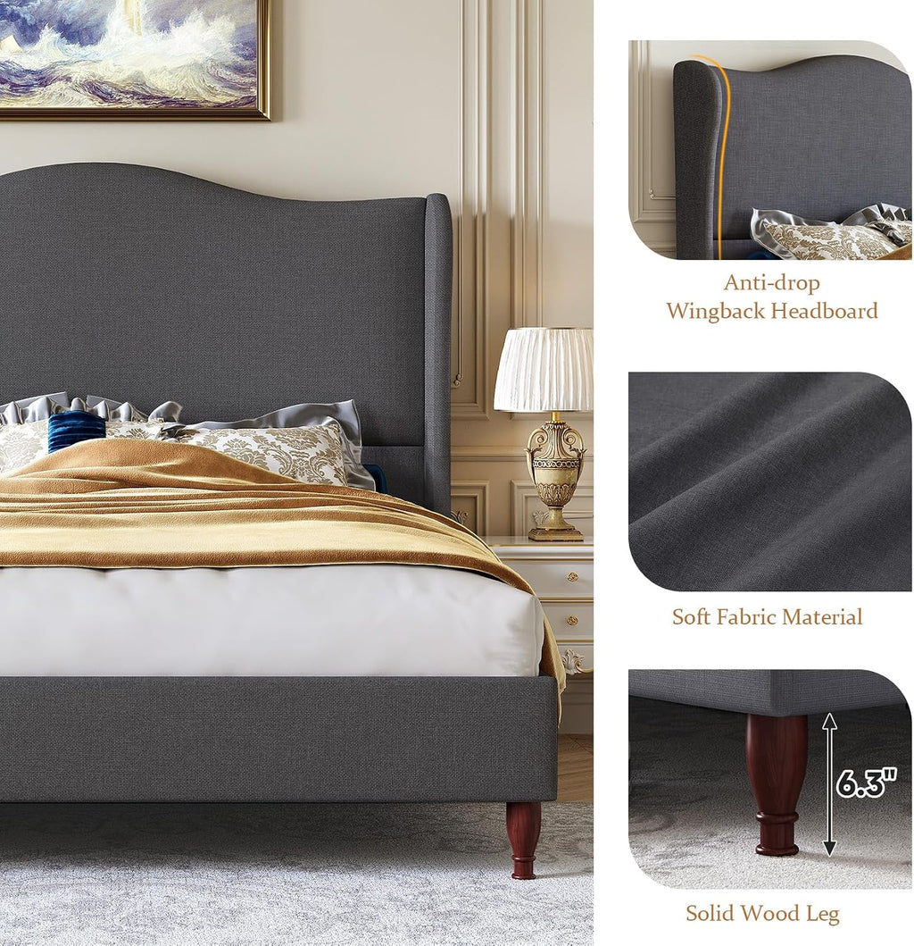 koorlian Full Size Bed Frame Upholstered Platform Bed with 51' Tall Headboard Wingback, Soft Fabric, Retro Simple Style Platform Bed No Box Spring Needed, Easy Assembly, Grey
