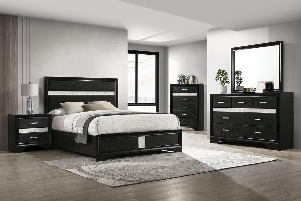 Coaster Home Furnishings Miranda Contemporary 5-Piece Bedroom Set Fabric Upholstered Full Size Panel Bed Frame 54-inch Headboard Black 206360F-S5