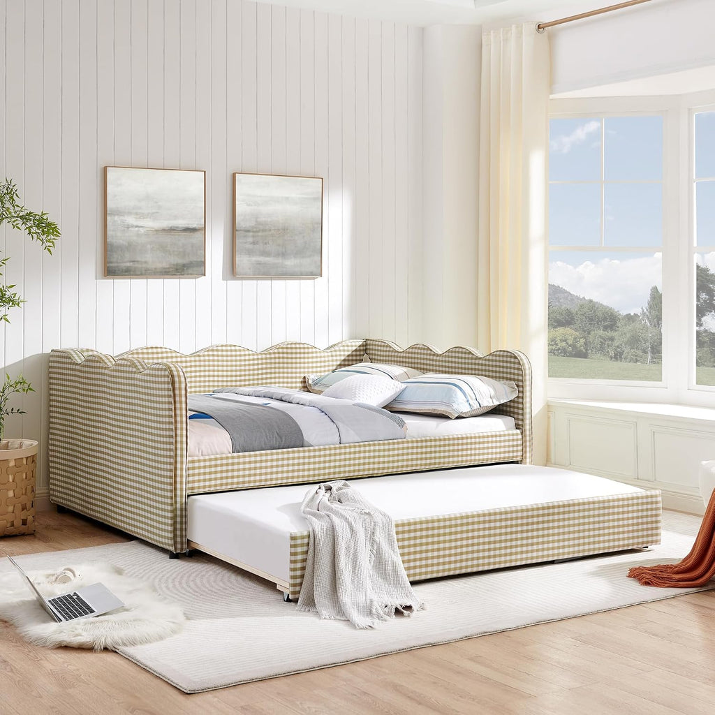 DEINPPA Full Size Upholstered Daybed with Trundle, Gingham Daybed with USB Ports for Bedroom Living Room Guest Room-Brown