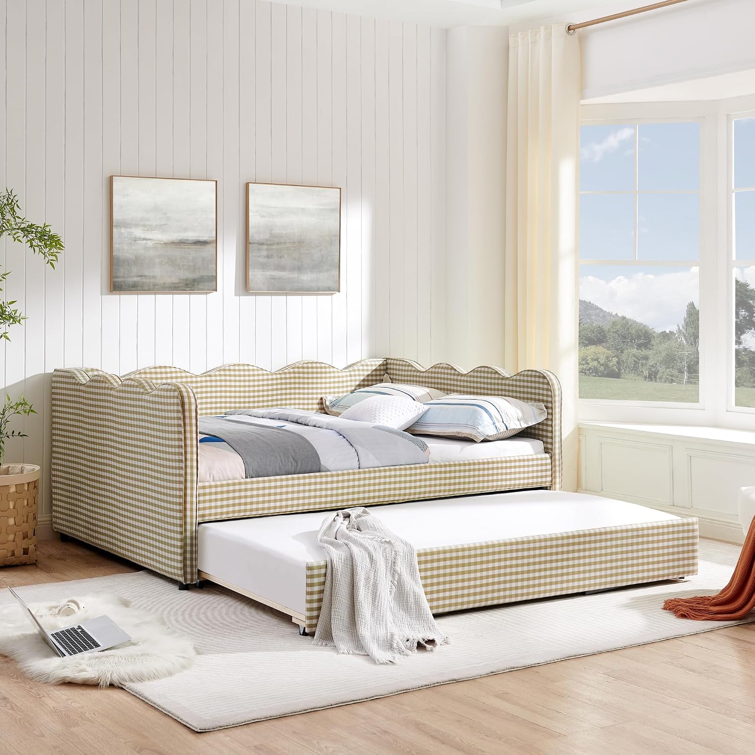 DEINPPA Full Size Upholstered Daybed with Trundle, Gingham Daybed with USB Ports for Bedroom Living Room Guest Room-Brown
