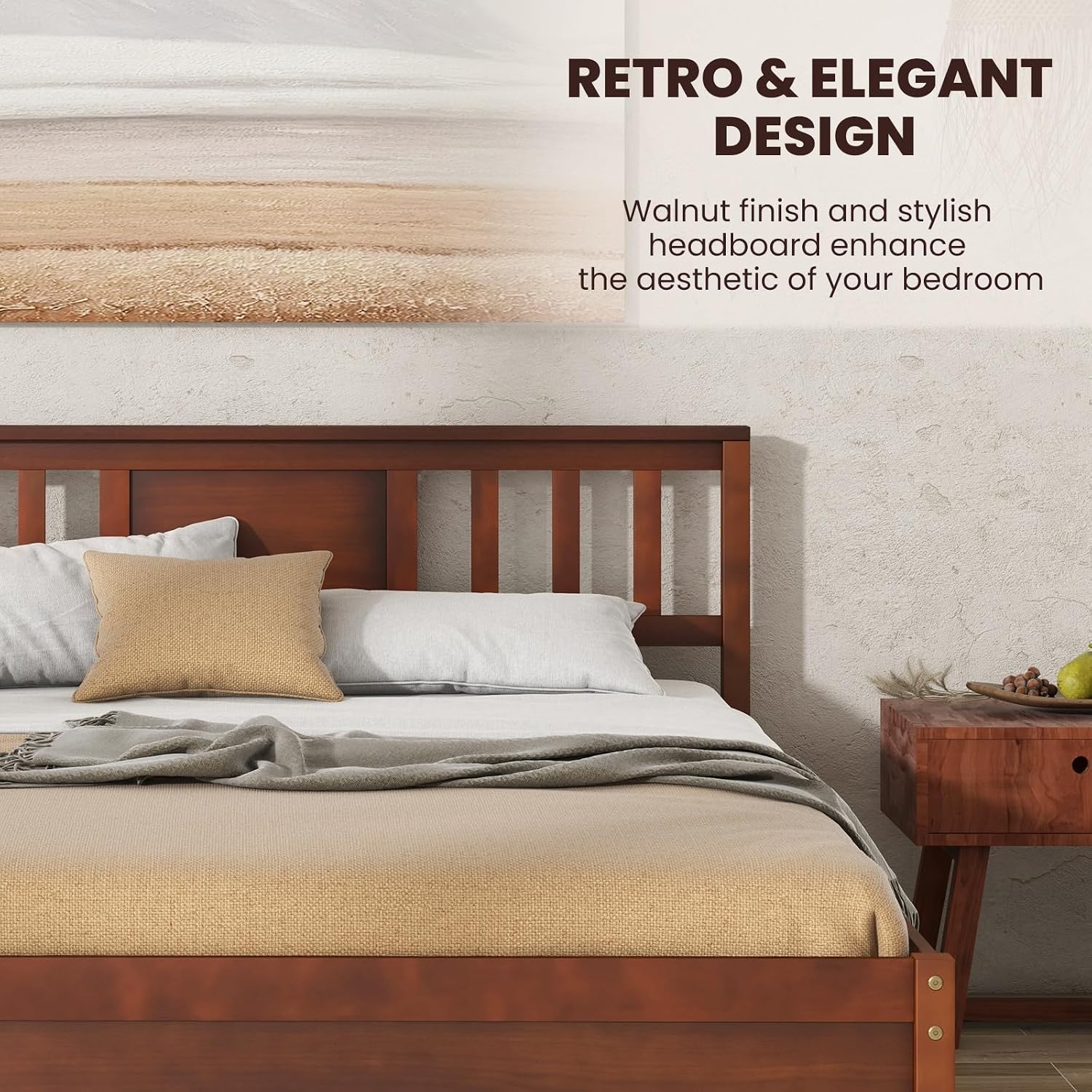 Giantex Full Size Solid Wood Platform Bed Frame, Mid Century Full Bed Frame with Headboard, Wood Slat Support, Double Panel Bed, No Box Spring Needed, Easy Assembly, Walnut