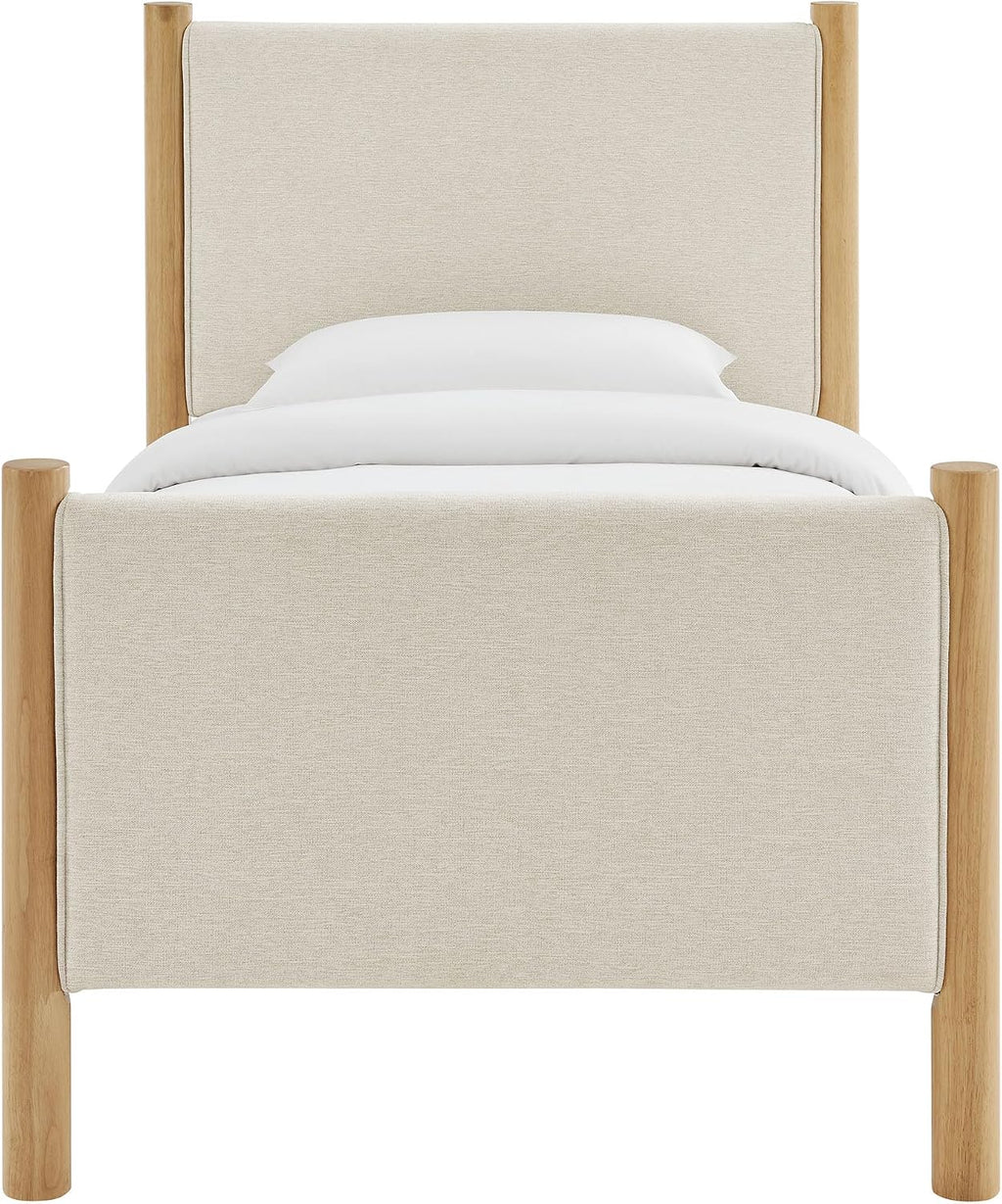 Modway Maven Twin Size Bed Frame in Ivory Oak with Upholstered Fabric Headboard and Footboard – Wood Twin Platform Bed Frame – No Box Spring Needed