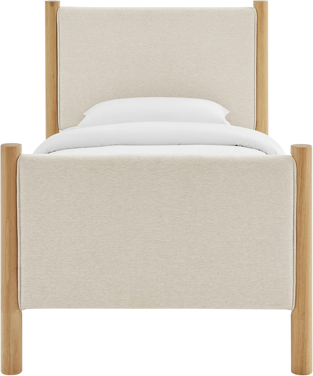 Modway Maven Twin Size Bed Frame in Ivory Oak with Upholstered Fabric Headboard and Footboard – Wood Twin Platform Bed Frame – No Box Spring Needed
