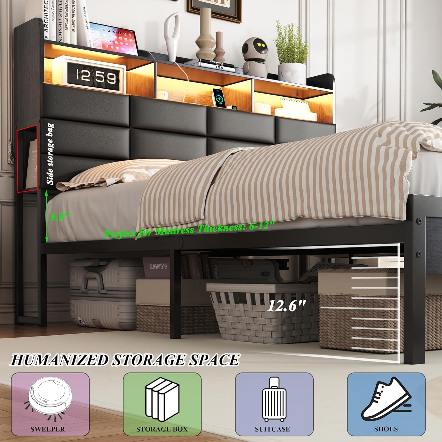 Queen Size Black Bed Frame with 2 Storage Drawers and Charging Station, Upholstered Bed Frame with PU Leather Headboard LED Lights, Metal Slats Support, No Box Spring Needed, Noise Free