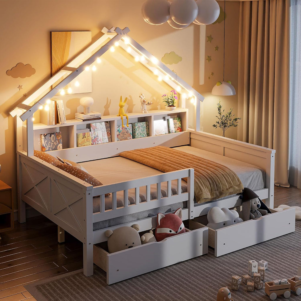 Bellemave Full House Platform Bed with Drawers Wood House Bed with Storage Shelves and LED Lights House Platform Bed Frame for Kids, Teens, Adults, No Spring Box Needed (White)