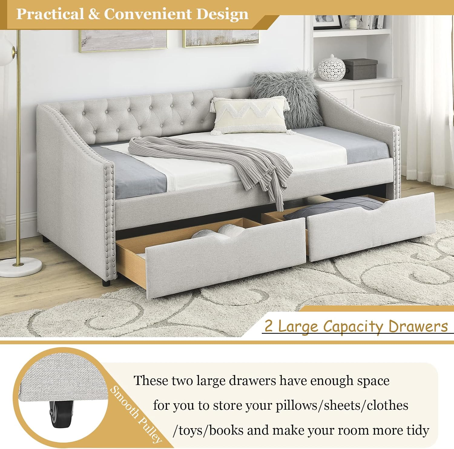 Wood Twin Daybed, Day Bed Frame with 2 Storage Drawers, Upholstered Twin Bed Frame Sofa Couch with Button and Nailhead Design for Bedroom Guest Room, No Box Spring Needed, Beige