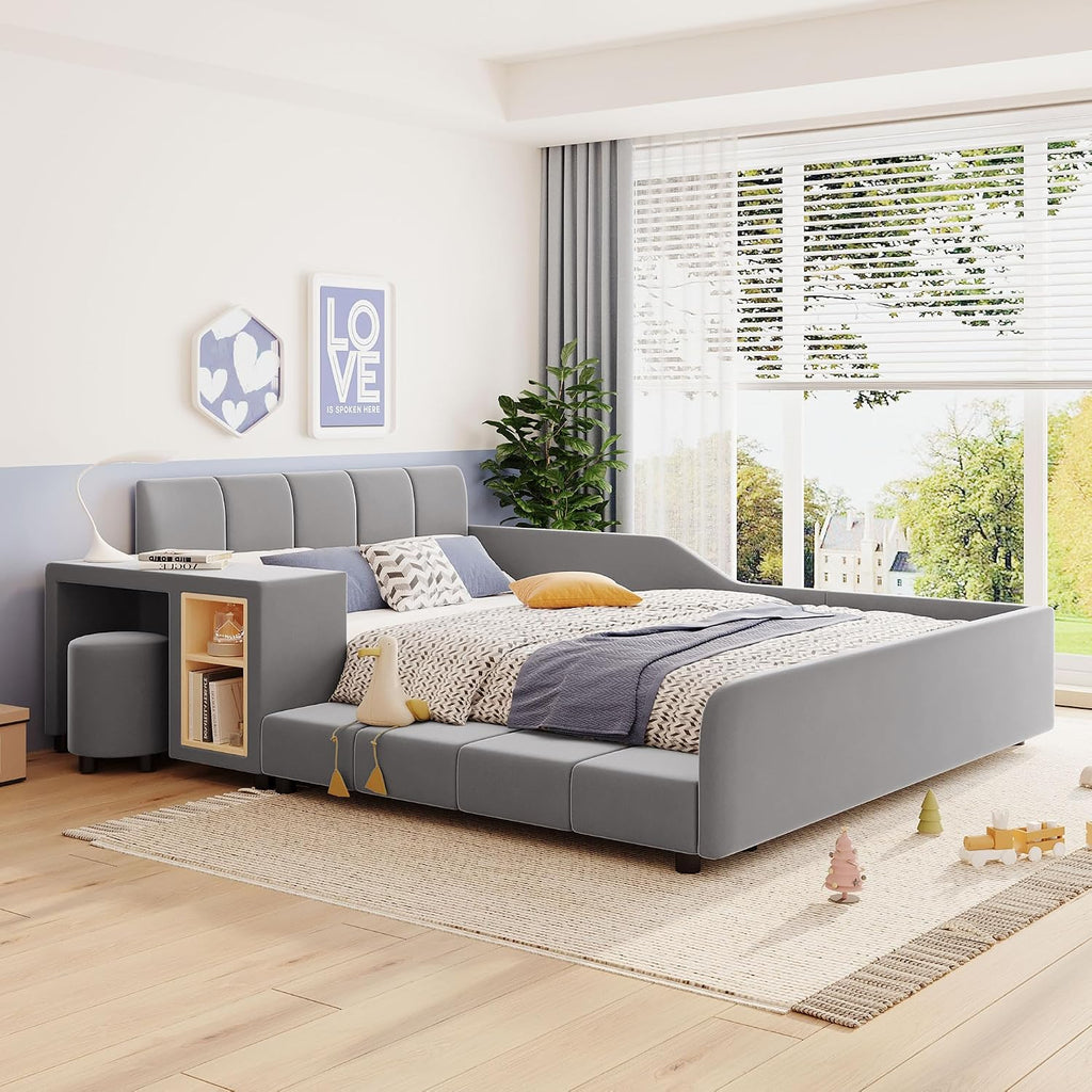Merax Full Size Upholstered Grounded Bed, Mother & Child Bed with Bedside Desk and Little Round Stool, Velvet, Gray