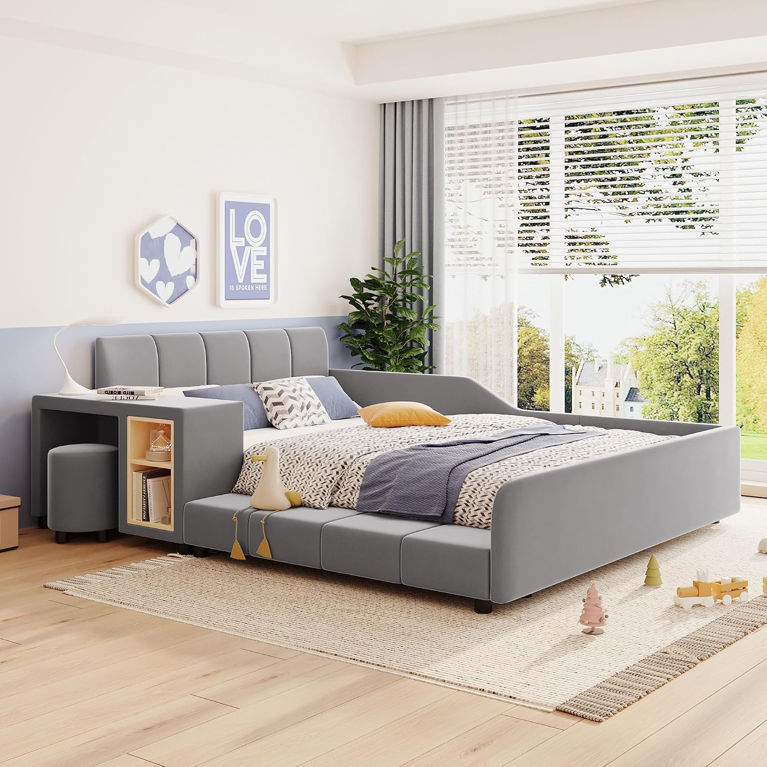 Merax Full Size Upholstered Grounded Bed, Mother & Child Bed with Bedside Desk and Little Round Stool, Velvet, Gray