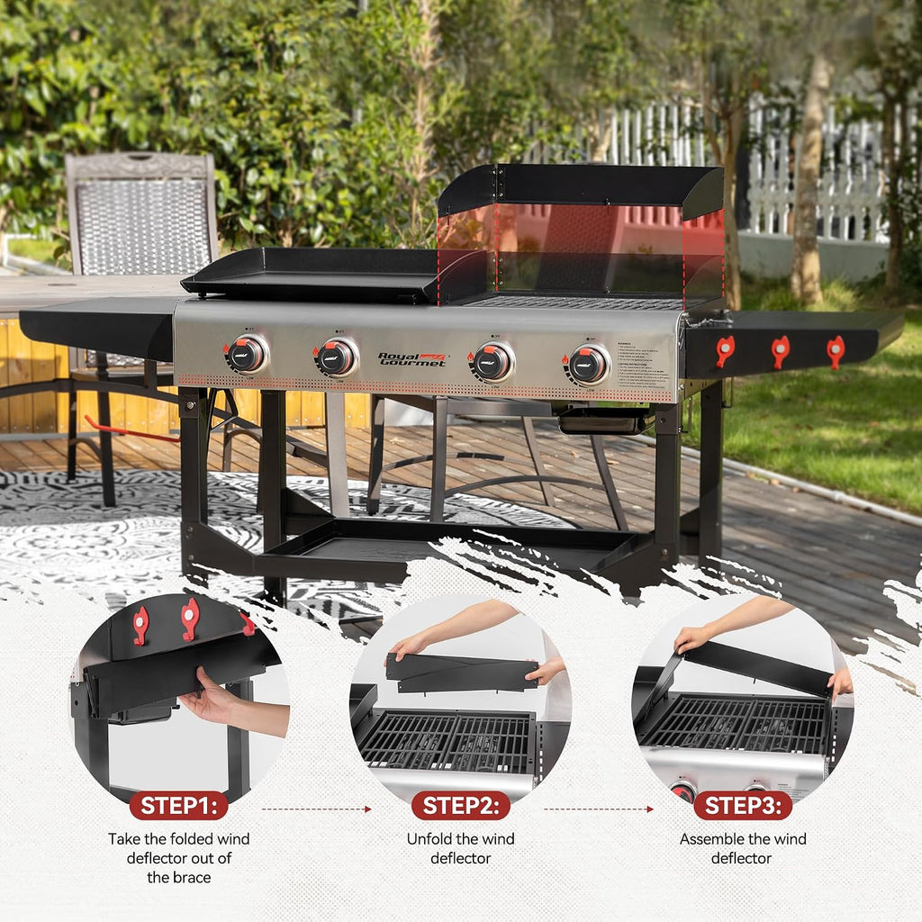 GD403 4-Burner Propane Gas Grill and Griddle Combo with Folding Legs, 48,000 BTUs, Portable Griddle Grill Combo for Outdoor Cooking While Camping or Tailgating, Black & Silver