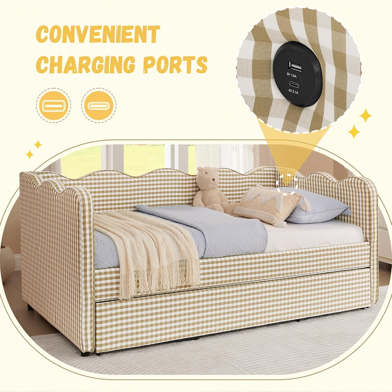 DEINPPA Twin Size Upholstered Daybed with Trundle, Gingham Daybed with USB Ports for Bedroom Living Room Guest Room-Brown