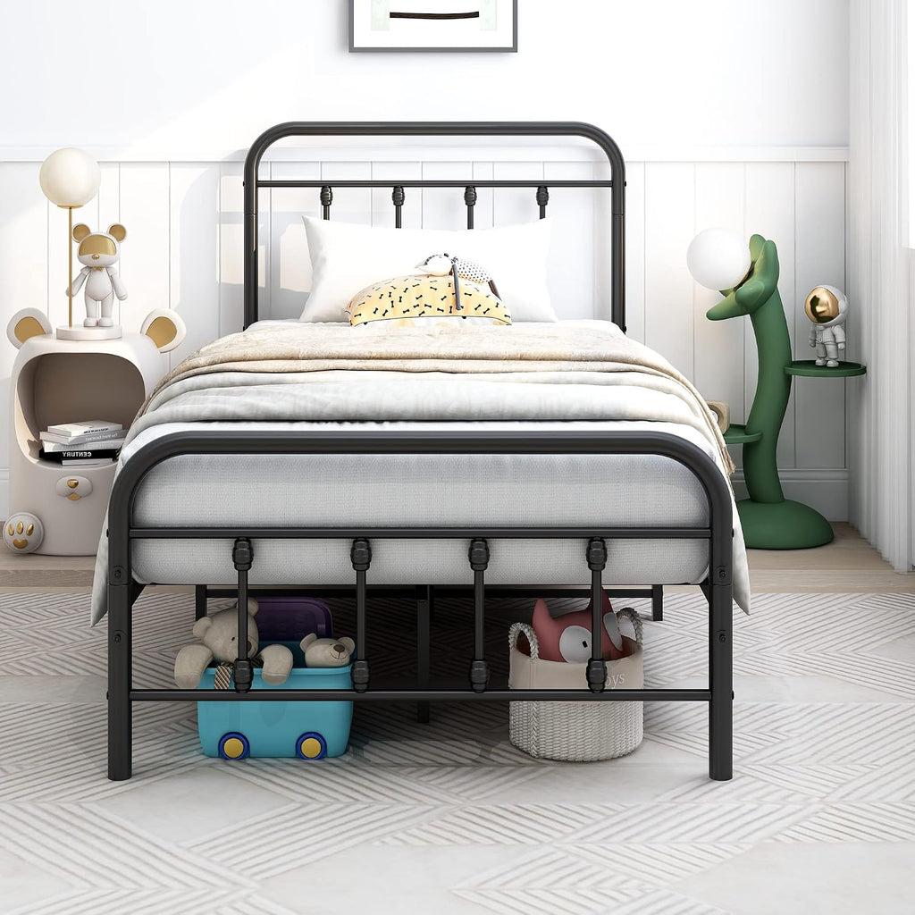 DUMEE Metal Twin Bed Frames with Vintage Headboard and Footboard Sturdy Premium Steel Slat Support No Box Spring Needed, Textured Black