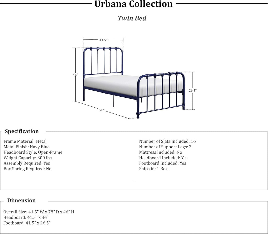 Lexicon Twin Metal Bed Frame, Platform Bed with Strong Metal Slat Support Under Bed Storage, Twin Bed Frame with Headboard, No Box Spring Needed, Easy Assembly, Twin, Navy Blue
