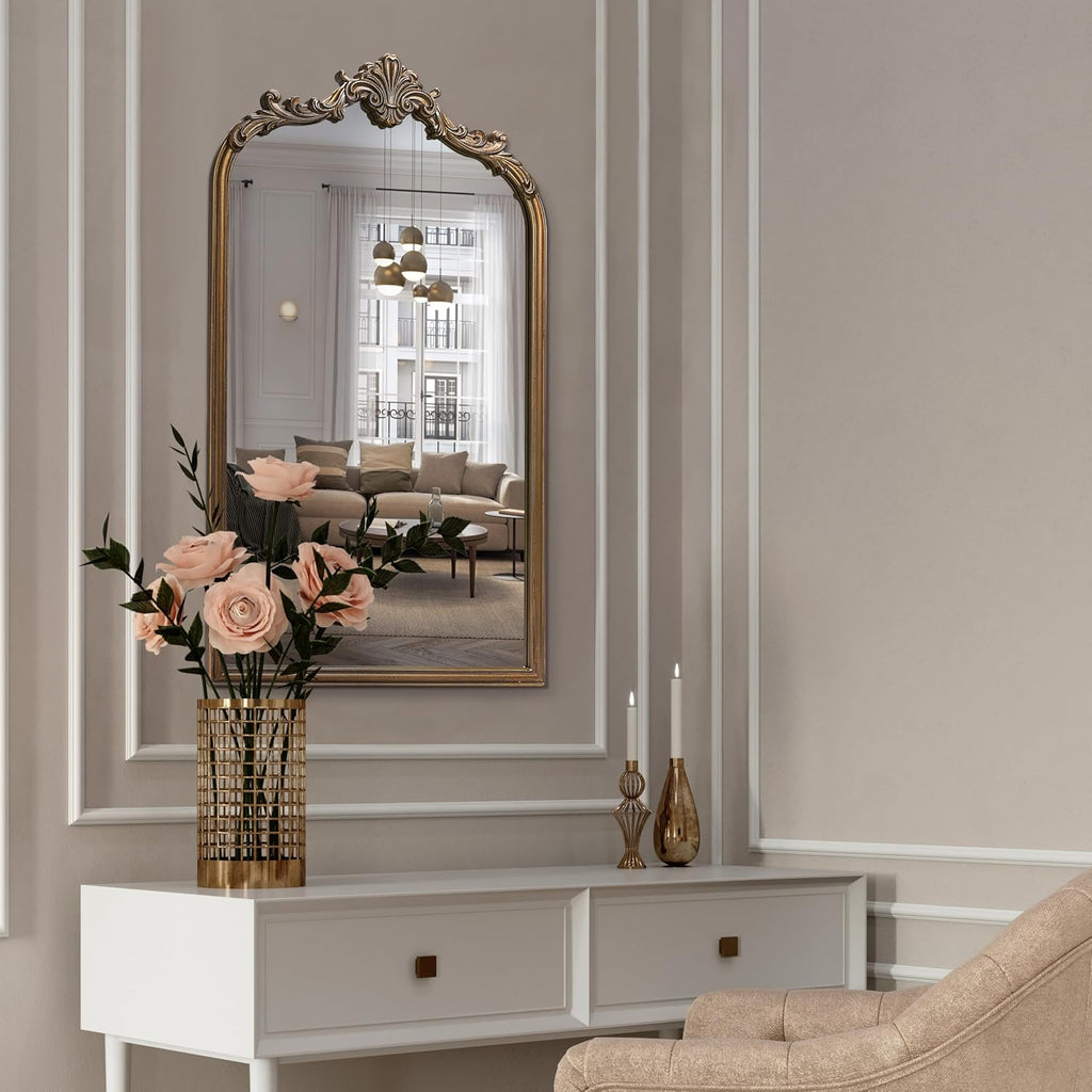 Wylde Iris English Estate Carved Arch Wood Wall Mirror, Mirror for Entryway, Living Room, Bathroom, Antique Gold, 20.4x33