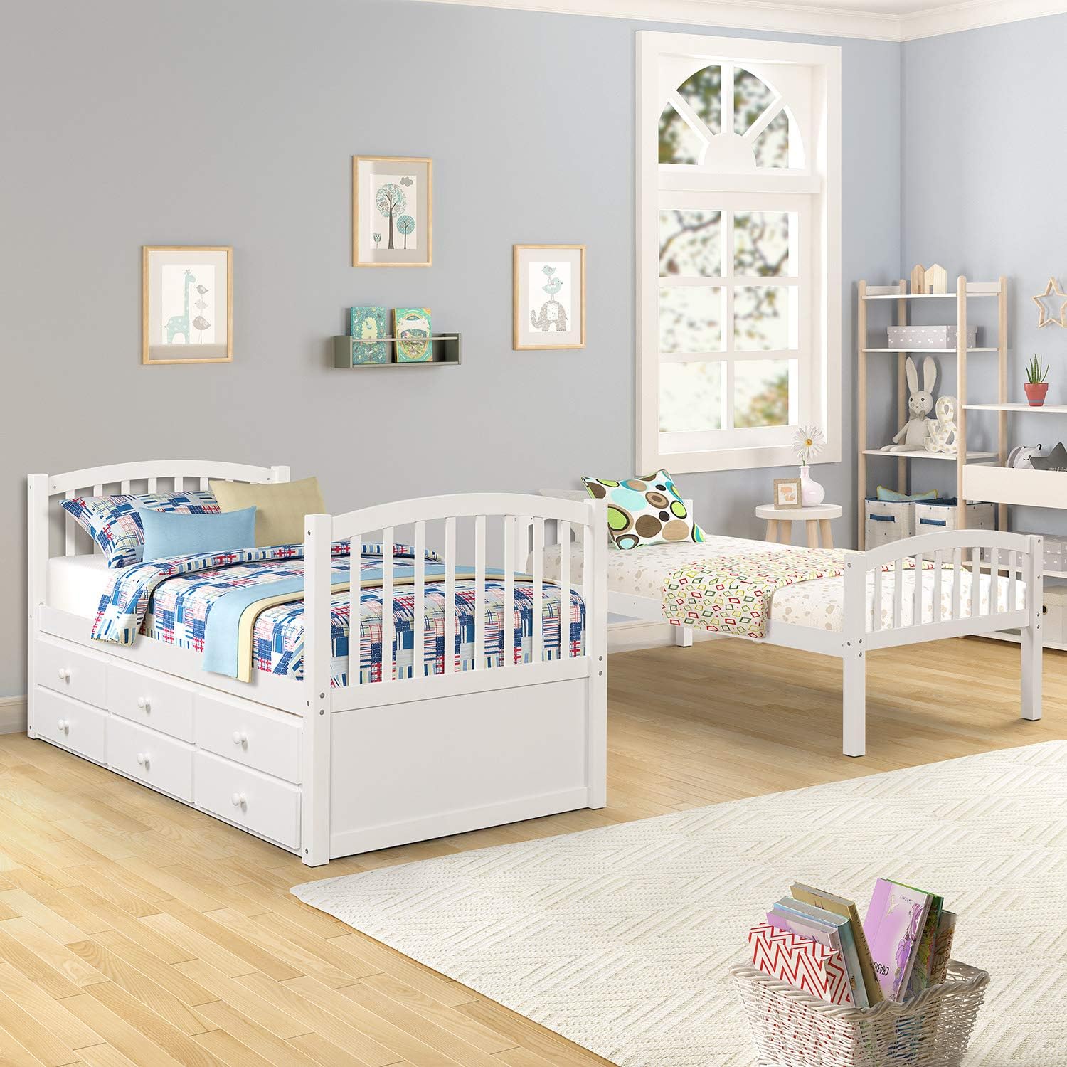 Harper & Bright Designs Twin Over Twin Bunk Bed with Trundle and Storage, Solid Wood Bunk Bed Frame with 3 Drawers for Kids, Teens, Adults (White)
