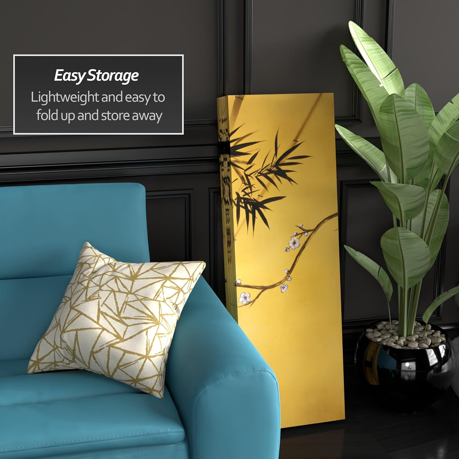 Red Lantern 4 ft. Short Double Sided Bamboo Tree Canvas Folding Screen 6 Panel Freestanding Partition and Separator for Modern and Contemporary Bedroom, Home Office, Studio, Dorm, Apartment