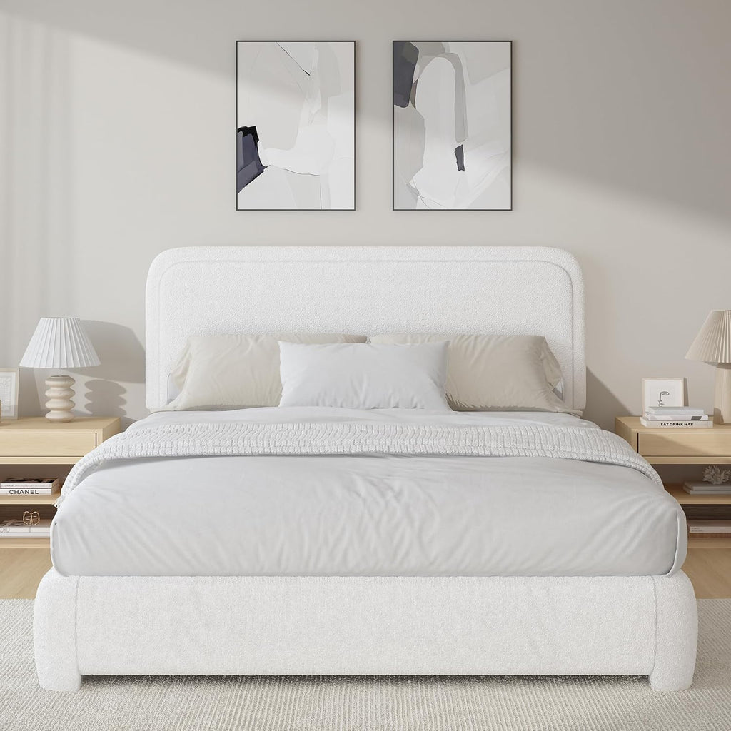 BarnFurin Queen Bed Frame with Headboard, Boucle Upholstered Platform Bed Frame, Luxurious Soft Rounded Corners, No Box Spring Required, Non-Slip and Noise-Free, Easy Assembly, White